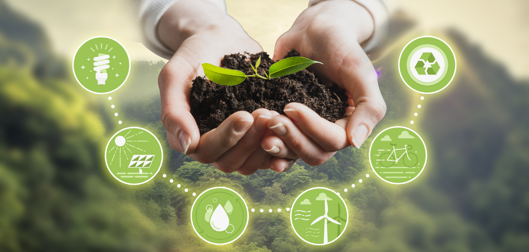 Two Caucasian hands cup dark soil with a green seedling in the middle. Surrounding the hands are images associated with sustainability. 