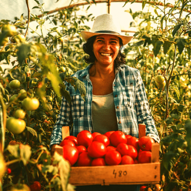 Young Latin American female with shoulder-length wavy hair and straw hat smiles while lifting box of bright red tomatoes