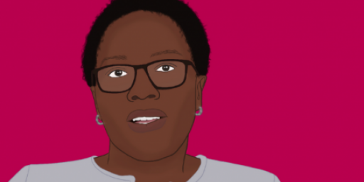 Full color drawing of African woman with cropped hair and dark-rimmed glasses speaking